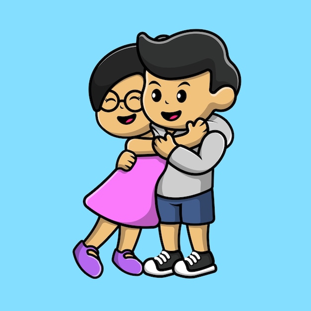 Vector cute girl hug boy cartoon vector icon illustration