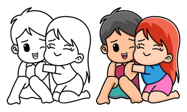 Cute girl hugging her boyfriend from beside happy valentine coloring page for kids
