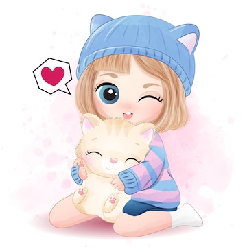Premium Vector | Cute girl hugging little kitty illustration