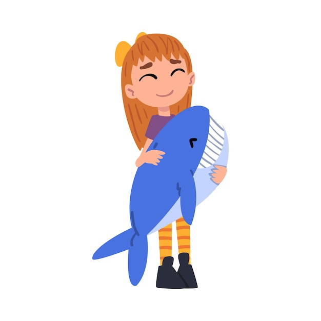 Vector cute girl hugging plush dolphin adorable kid playing with her favorite toy cartoon vector illustration on white background