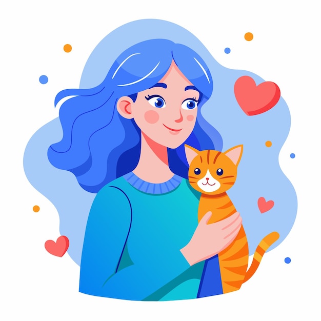 Cute Girl hugs her cat with love the relationship between people and their pets vector illustration