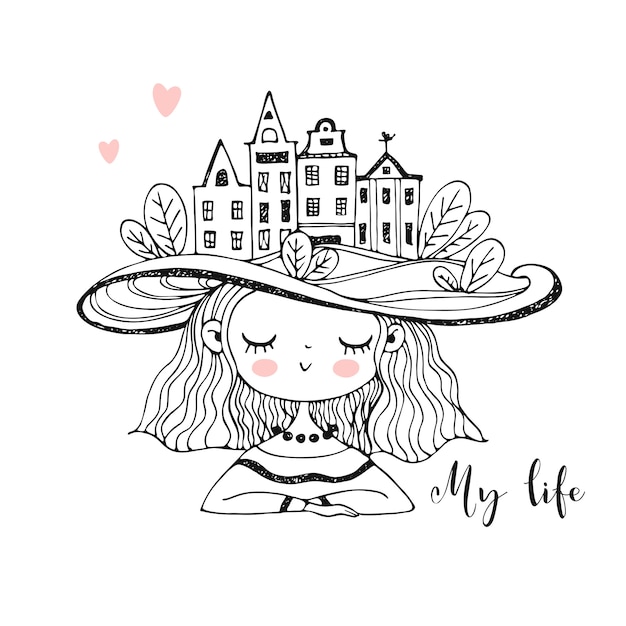 Милая девушка в шляпе с домами на голове. окрашивание.