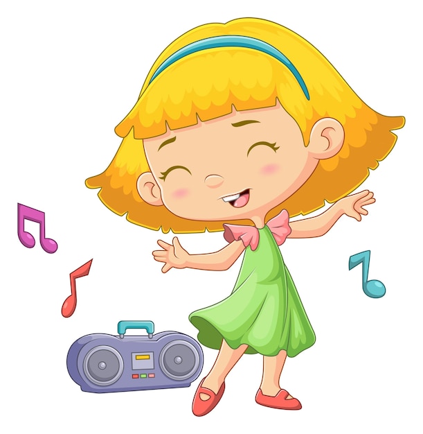 Vector the cute girl is dancing and singing from the sound come out in radio