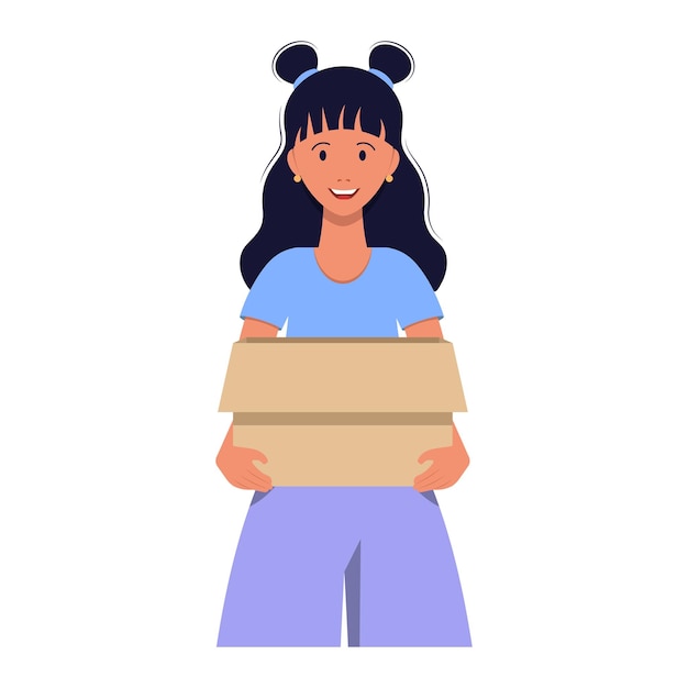 A cute girl is holding a box. Parcel delivery. Isolated on white background. Vector illustration