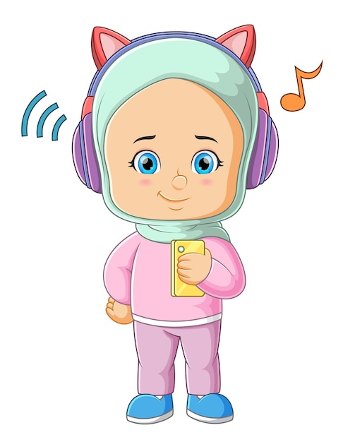 The cute girl is listening the favorite music with the headphone