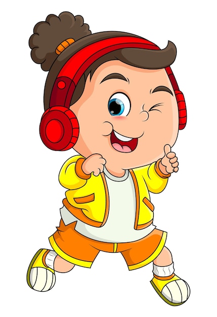 The cute girl is wearing casual and sporty costume with headphone on head