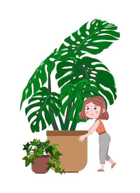 A cute girl in jeans and a fashionable Tshirt tending to large indoor plants