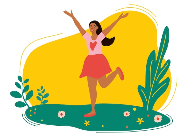 Vector cute girl jumping in spring meadow. web page design templates for beauty, spa, wellness, natural products, cosmetics, body care. flat style vector design