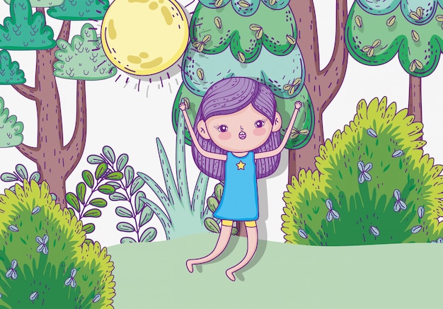 Cute girl jumping with bushes and sun
