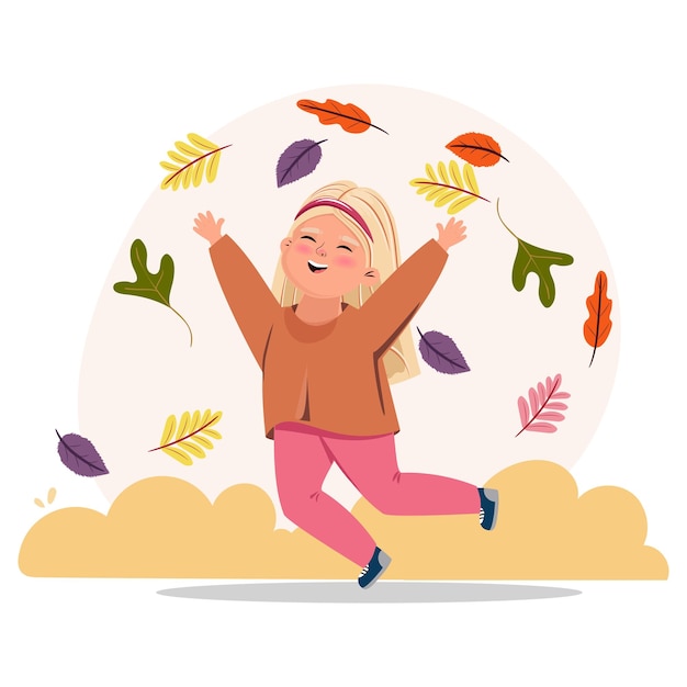 Вектор Милая девушка прыгает с листьями и наслаждается осенью. активный отдых на свежем воздухе. осенний досуг.