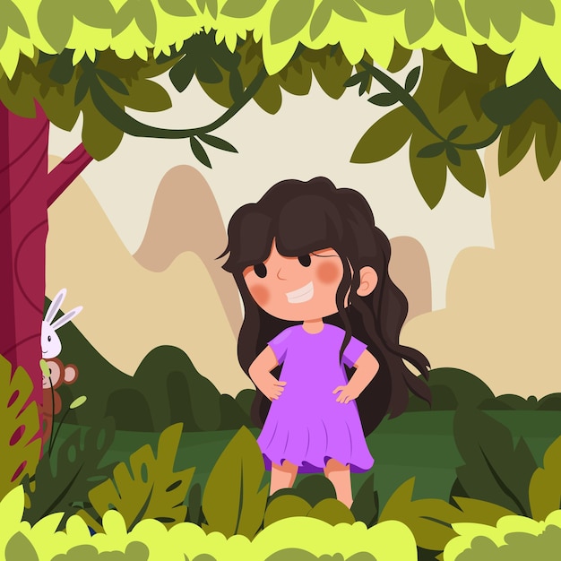 Vector cute girl in the jungle illustration with animal