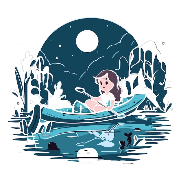 Cute girl kayaking in the lake at night