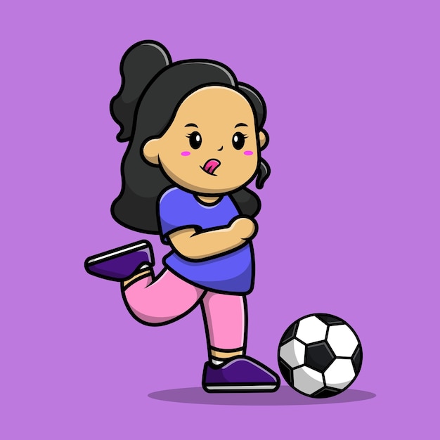 Cute girl kicking soccer ball cartoon vector icon illustration