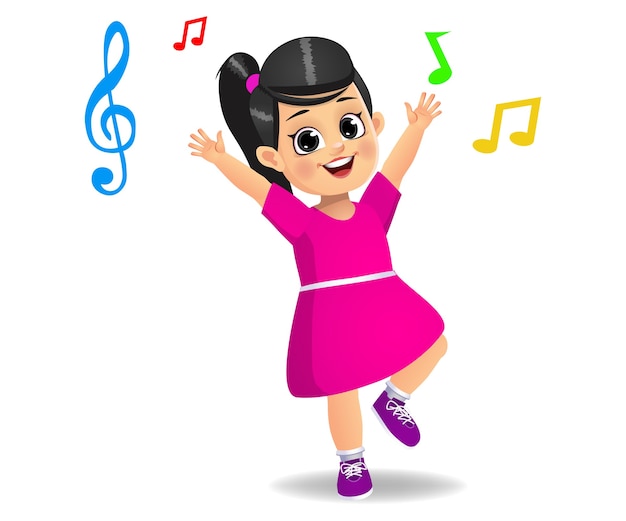 Vector cute girl kid dancing to music