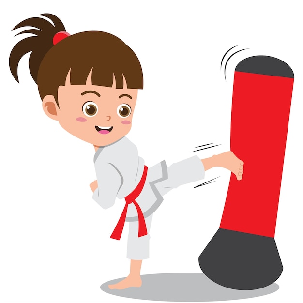 Vector cute girl kid exercising with punching bag