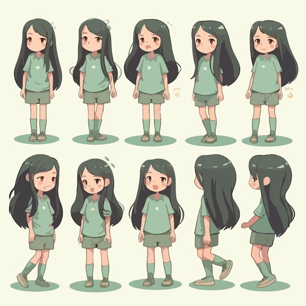 Vector cute girl kid in green clothes cartoon style