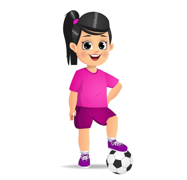 Vector cute girl kid playing soccer