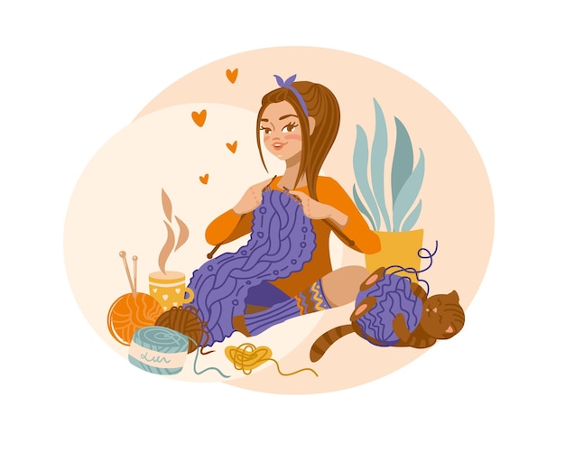 Cute girl knitting a scarf while sitting at home Hobby Vector illustration