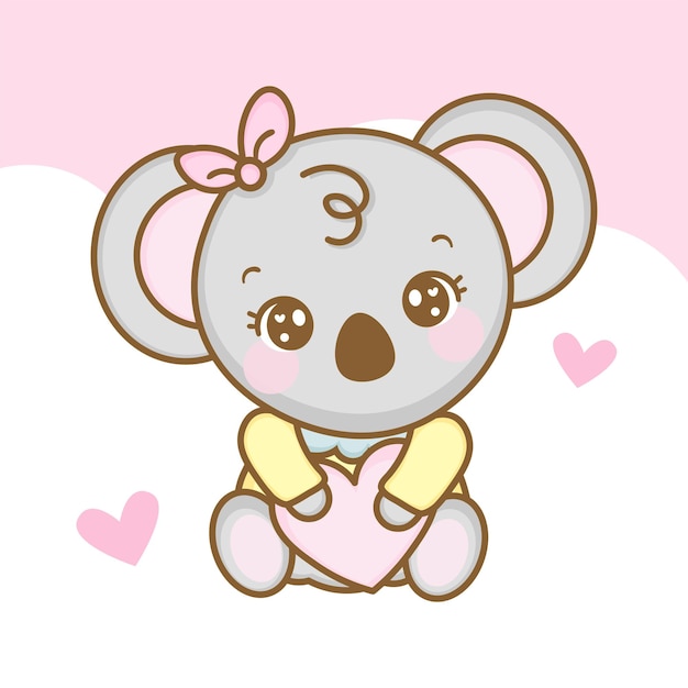 Vector cute girl koala children's drawing in kawaii style cute animals kawaii holding a heart