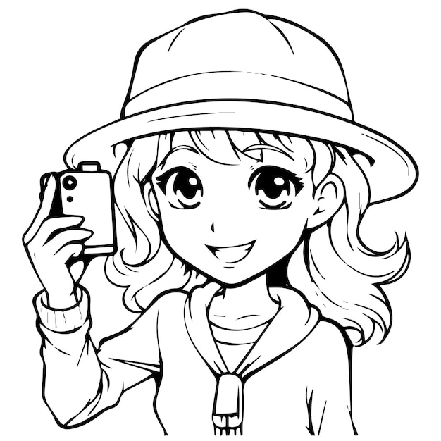 Cute Girl line art Drawing cartoon coloring page vector graphic design