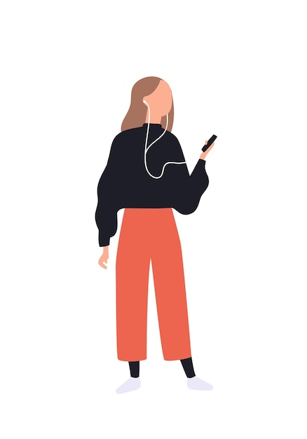 Ragazza carina che ascolta musica tramite smartphone. divertente giovane donna con lettore audio e auricolari. attività ricreativa. personaggio femminile piatto del fumetto isolato su priorità bassa bianca. illustrazione vettoriale.