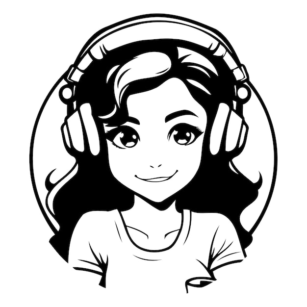 Cute girl listening to music with headphones vector illustration in cartoon style