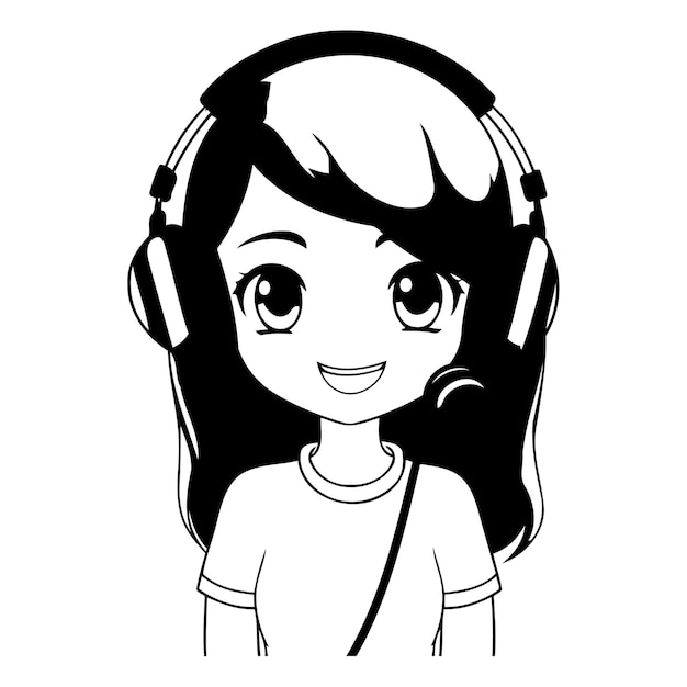 Vector cute girl listening music with headphones over white background colorful design vector illustration