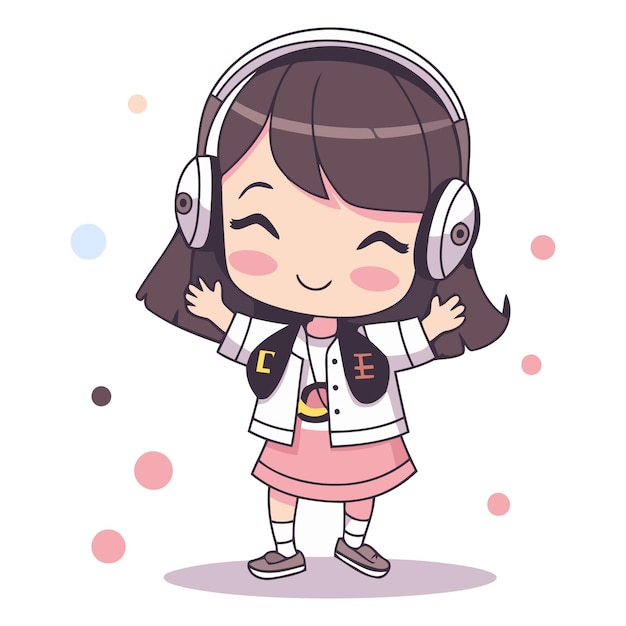 벡터 색 배경 에 헤드폰 을 착용 하여 음악 을 듣고 있는 귀여운 소녀
