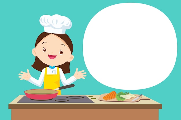 Cute girl little chef present cooking in the kitchen