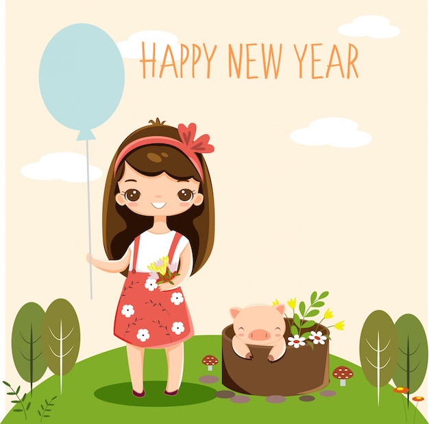 Cute girl and little pig in new year greeting card