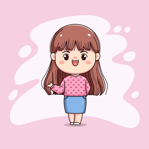 Ragazza carina coi capelli lunghi con maglione rosa che mostra qualcosa chibi kawaii