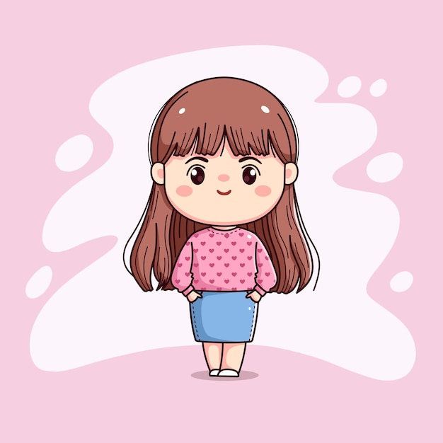 Vettore ragazza carina coi capelli lunghi con maglione rosa in piedi chibi kawaii