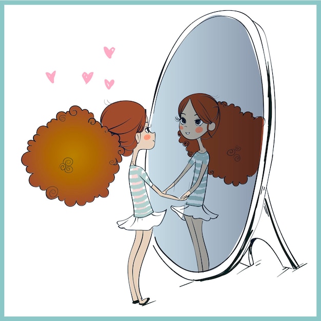 Vector cute girl looking at her reflection in mirror. hand-drawn vector illustration isolated on white