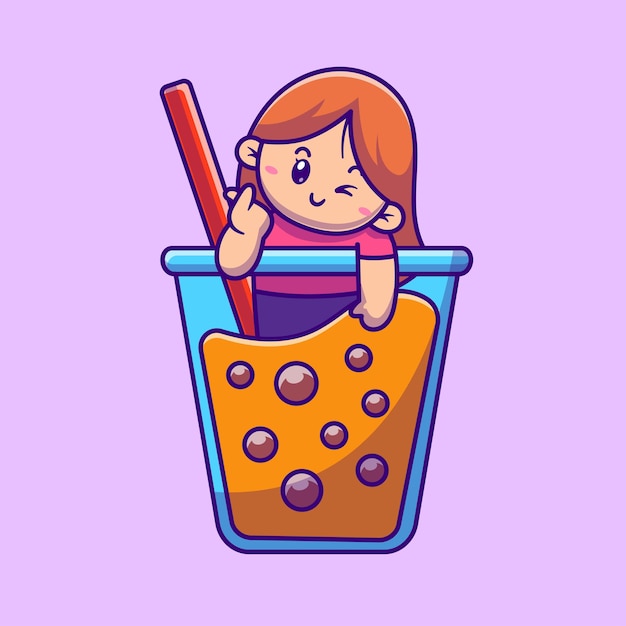 Cute Girl Loving Bubble Tea Cartoon Vector Icon Illustration People Drink Icon Concept Isolated