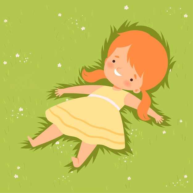 Vettore ragazza carina sdraiata sul prato verde ragazzo adorabile sdraiato sull'erba sognando guardando il cielo illustrazione vettoriale di cartoni animati