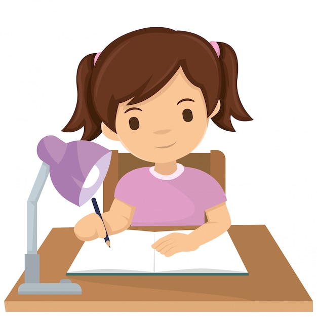 Vector cute girl make homework at night