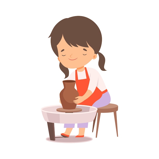 陶器を作る可愛い女の子 子供の趣味や創造的な活動 カートゥーンベクトルイラスト