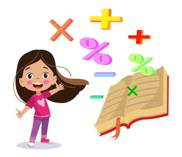 Vector cute girl and math symbols