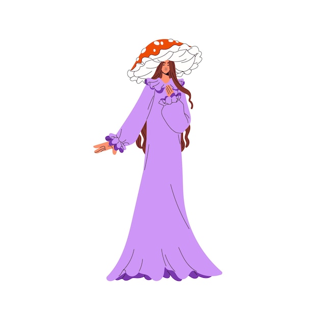Милая девушка в грибковом костюме Хэллоуин Исторический персонаж в шапке из муховой агарки Хеллоуин Маскарадный костюм Аманиты Прекрасная фея на карнавале Плоская изолированная векторная иллюстрация на белом фоне
