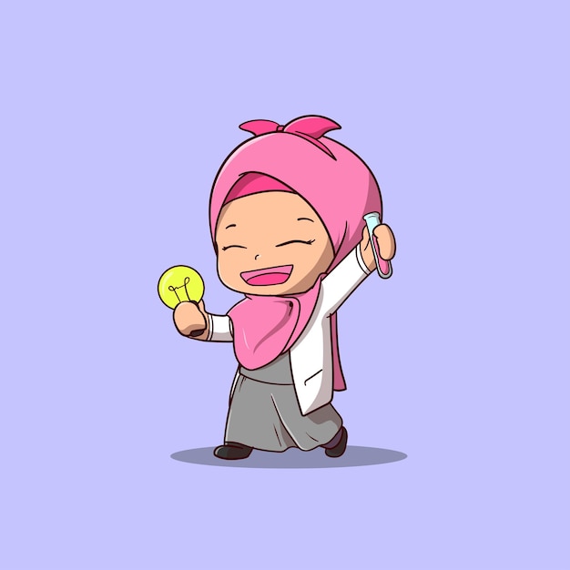 Vector cute girl muslim holding a lamp cartoon character