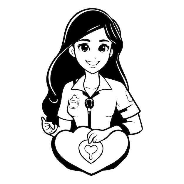 Cute girl nurse holding heart Vector illustration in cartoon style