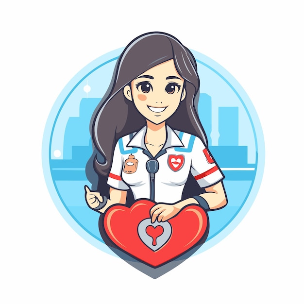 Vector cute girl nurse holding heart vector illustration in cartoon style