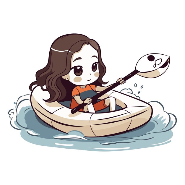 Vector cute girl paddling in a kayak