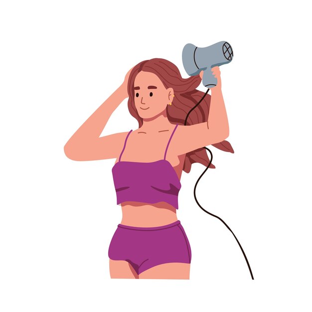 파자마를 입은 귀여운 소녀는 헤어 스타일 헤어 스타일을 헤어 드라이어로 준비합니다. 은 머리카락을 건조하는 젊은 여성은 헤어 드레이어로 날아갑니다. 매일의 아름다움 루틴. 색 바탕에 평평한 고립된 터 일러스트레이션.