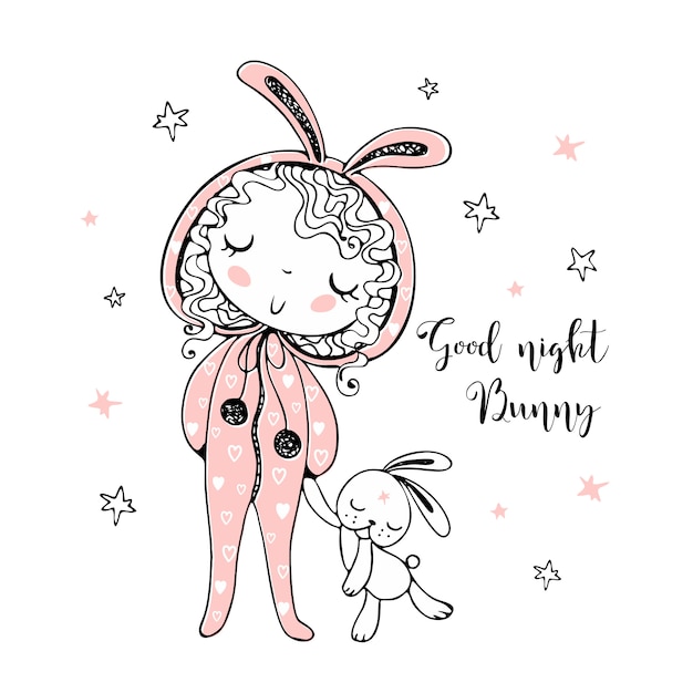 Ragazza carina in pigiama a forma di coniglietto sta per dormire con un giocattolo.