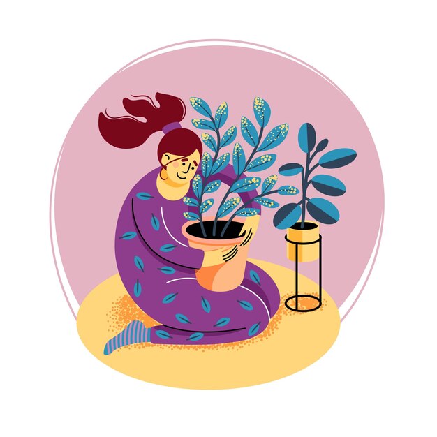 Cute girl in pajamas hugs a pot of indoor flower