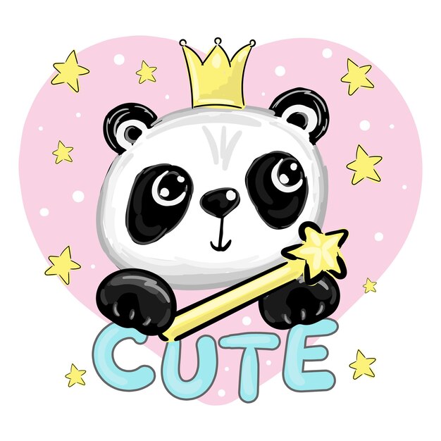 Cute girl panda with crown and stars on pink heart animal print for kids tshirts