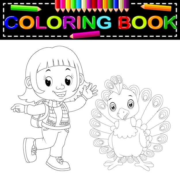 cute girl and peacock coloring book