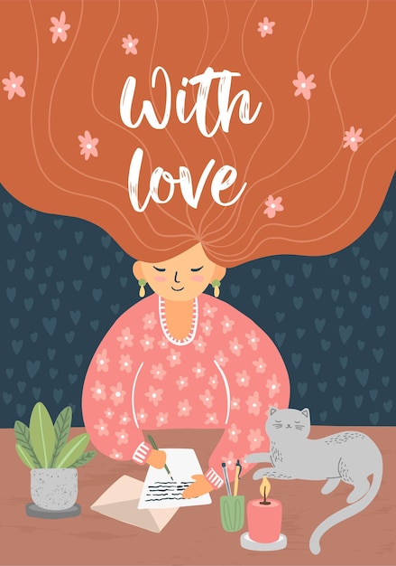 Vector cute girl in pink sweater writing a letter, pink flowers in hair, cute cat is behind, hand drawn  illustration