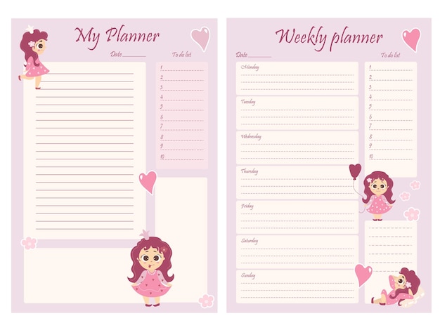 Cute girl planner templates for day week to do list and place to take notes Organizer notes todo